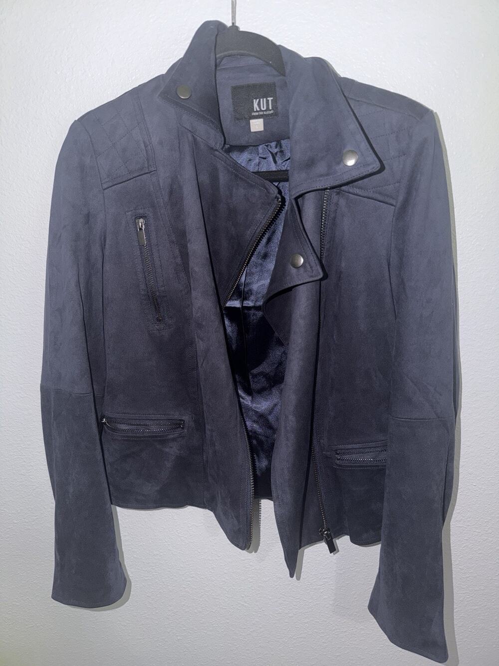 KUT FROM THE KLOTH FAUX SUEDE NAVY MOTO JACKET SIZE SMALL (AS14)